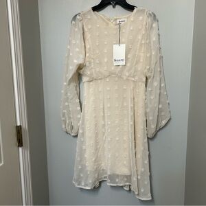 Merci NWT Swiss Dot Dress Long Sleeve Ivory Flowy Chiffon V Neck Size S Midi New